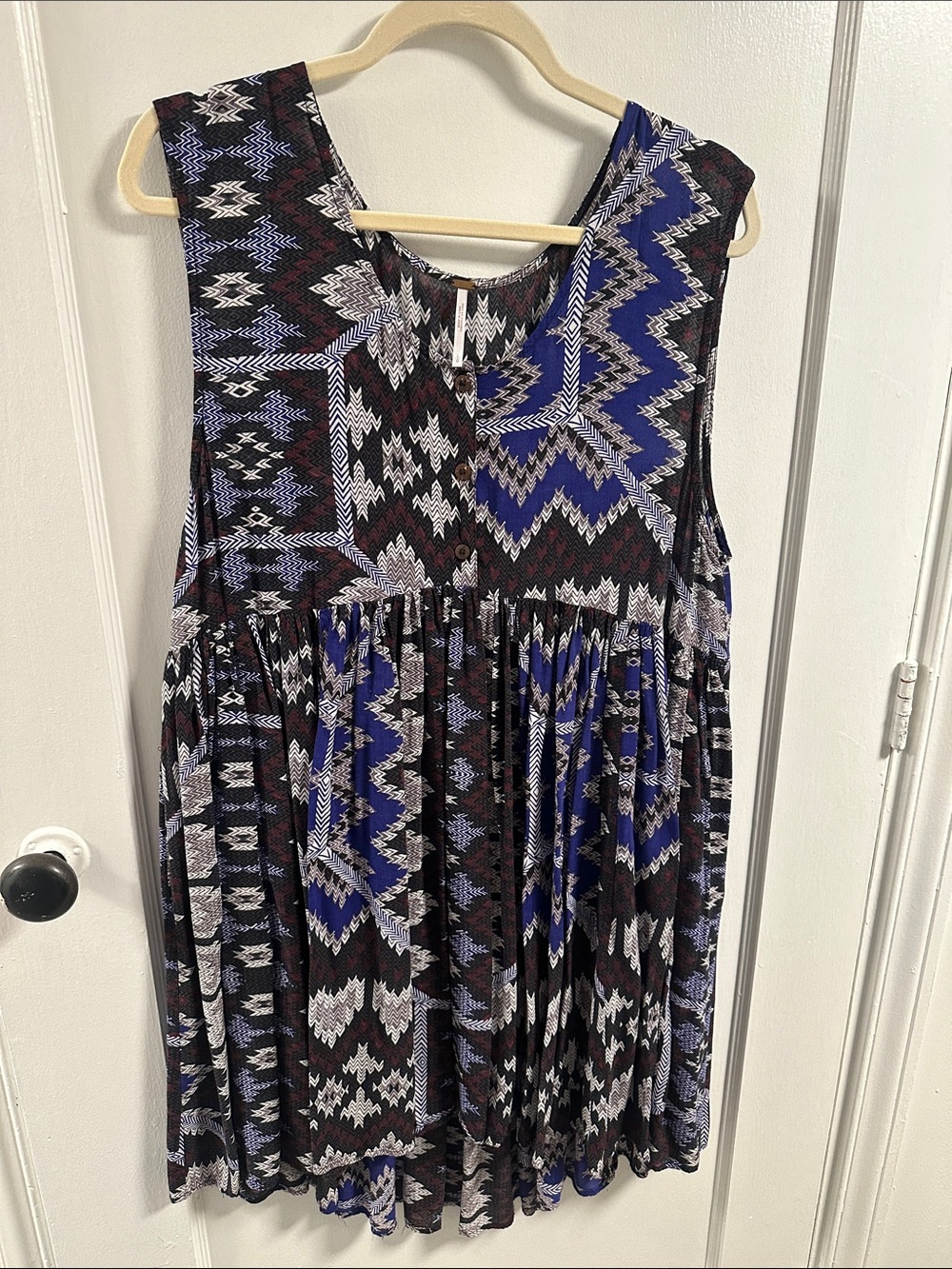Vintage Free People Aztec Print Sleeveless Tunic in Blue, Black, White
